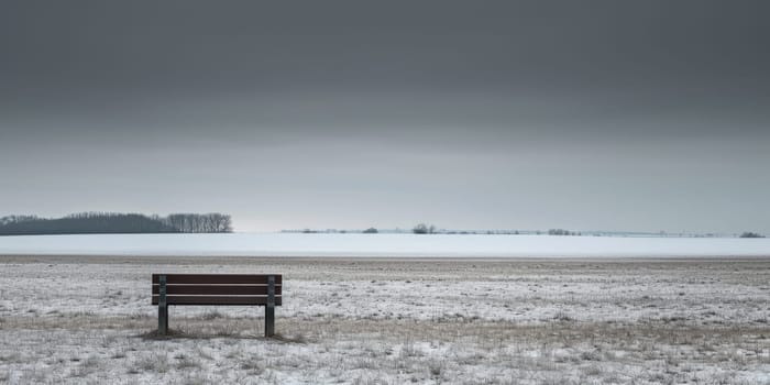 A minimalist landscape photo of white snowy landscape with iron bench. Fluffy 3D image of realistic of black bench placed at garden surrounded snow in winter season. Alone, lonely. Background. AiG42.