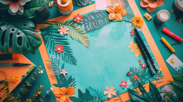 Using their green thumb and nimble fingers, a person creates paper flowers and leaves on an azure table, surrounded by nature and beauty AIG50