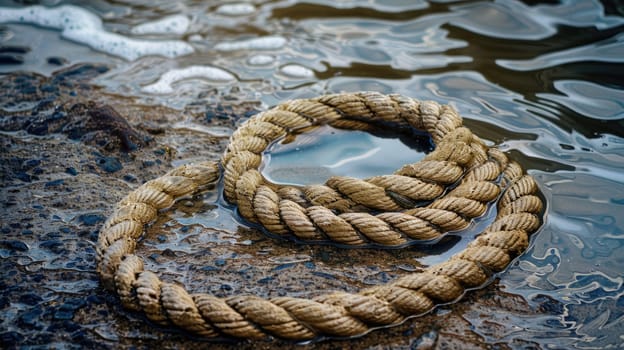 A rope is tethered to a rock by the fluid landscape of water, swaying with each wind wave. The electric blue waves create a mesmerizing art event AIG50