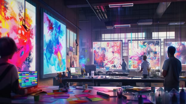 A man is using a computer in an office building, surrounded by tables, paintings, and art in a magenta-themed room. AIG41