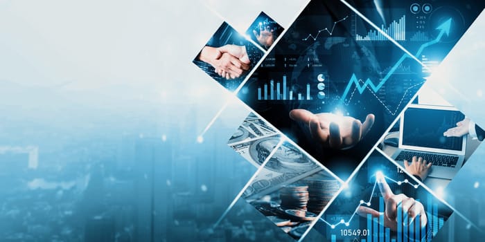 Futuristic business digital financial data technology concept for future big data analytic and business intelligence research for businessman analyst invest decisions making panoramic banner kudos