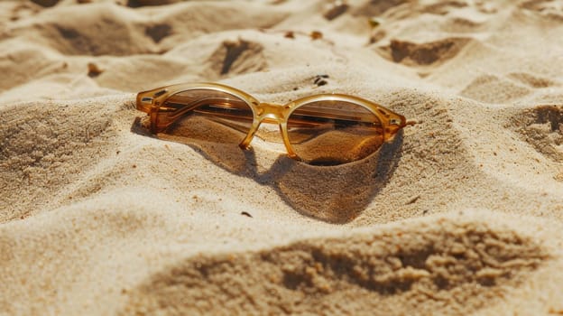 A fashionable pair of sunglasses made of transparent material sits atop a pile of sand on a beach, providing vision care and protection from the bright sunlight AIG50