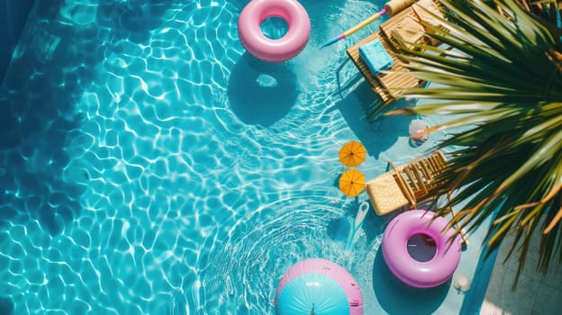 An aqua swimming pool with colorful floats and drinks, surrounded by greenery and azure skies. A relaxing leisure event with vibrant textile patterns and petal art AIG50