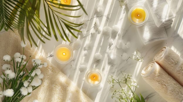 The table is adorned with a beautiful display of candles and flowers, including yellow chamomile blooms. The combination creates a serene and artistic atmosphere AIG50
