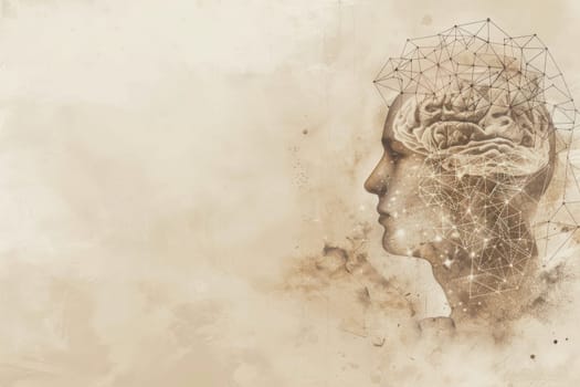 An illustration of a human head in profile with a glowing brain and a network of connections. AIG51A.