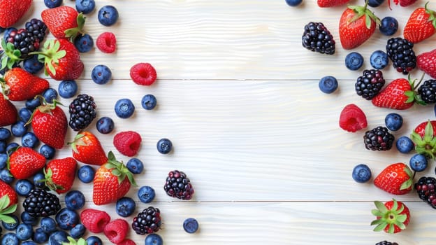 Fresh strawberries, raspberries, blueberries, and mint are beautifully displayed on a white wooden table. These vibrant natural foods are perfect ingredients for a berry cake recipe AIG50