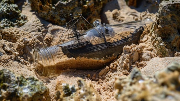 A wooden bottle with a miniature boat inside rests on the sandy soil. Nearby, a tree trunk lies on the natural landscape, surrounded by terrestrial plants and bedrock AIG50