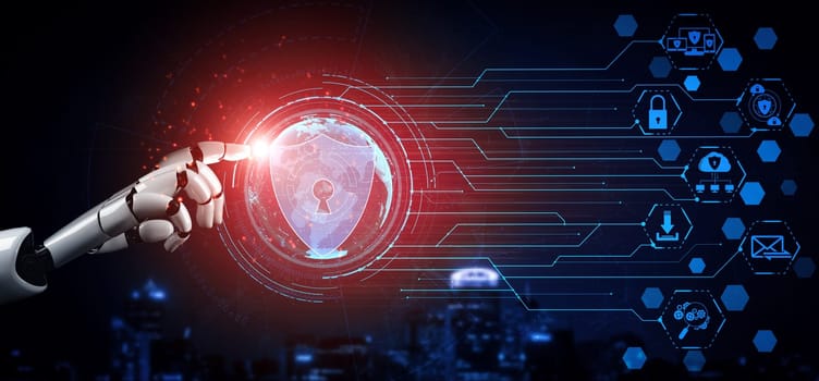 MLP 3D rendering artificial intelligence AI research of robot and cyborg development for future of people living. Digital data mining and machine learning technology design for computer brain.