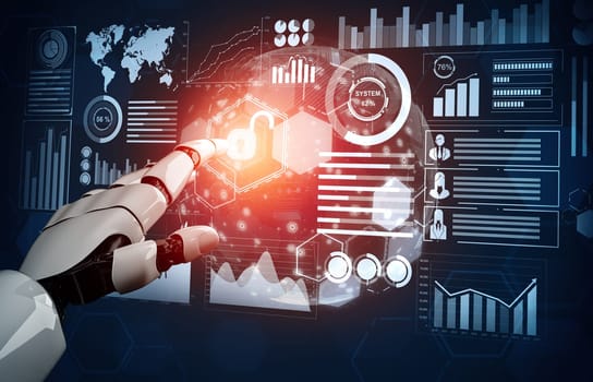 MLP 3D Rendering futuristic robot technology development, artificial intelligence AI, and machine learning concept. Global robotic bionic science research for future of human life.
