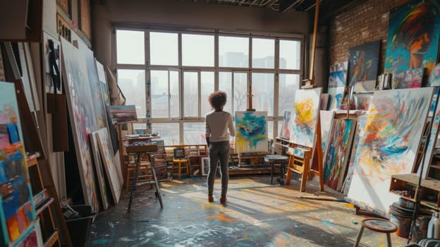 A painter stands back to ponder the progress of a vibrant abstract painting in a bright, art-filled studio. AIG41