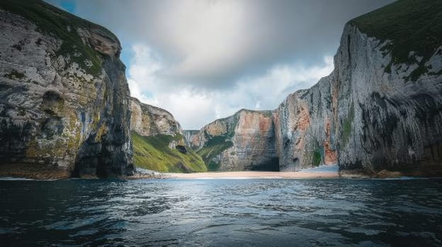 A boat navigates through a canyon alongside a tranquil body of water, surrounded by towering bedrock and a picturesque natural landscape AIG50