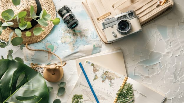 Artistic arrangement of a backpack, hat, camera, book, and map on a table. The visual arts composition includes patterns and textures, creating a unique and aesthetic display AIG50
