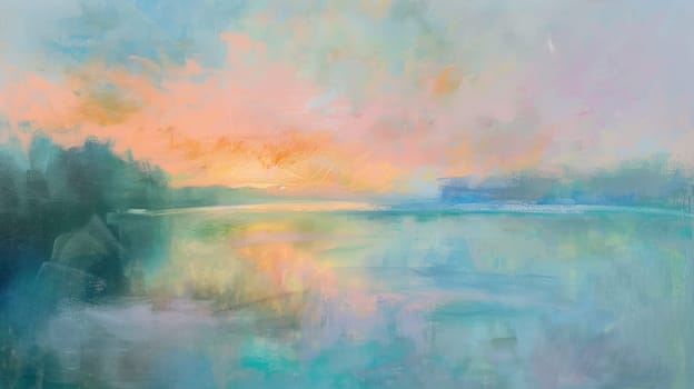 A rectangle painting of a natural landscape featuring a lake with a beautiful sunset in the background. The sky is filled with cumulus clouds, creating a stunning art piece AIG50