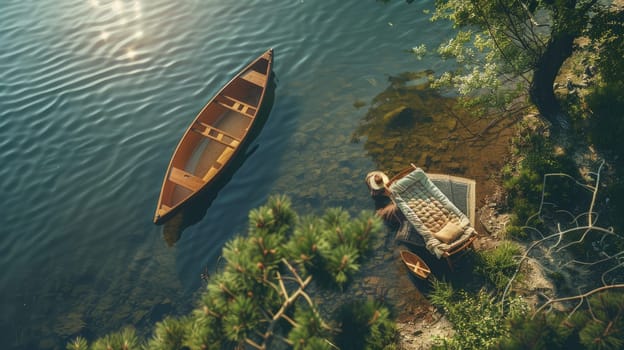 An aerial view of two boats peacefully floating on the serene lake surrounded by natural landscape with trees, grass, and other terrestrial plants AIG50