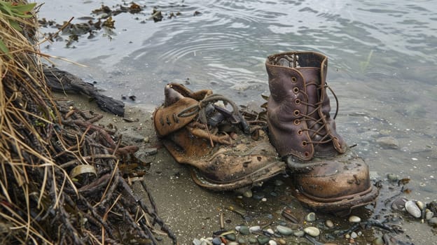 A pair of boots is drifting in the fluid water, surrounded by natural landscapes of soil, plants, trees, and rocks. It seems like a mysterious event AIG50