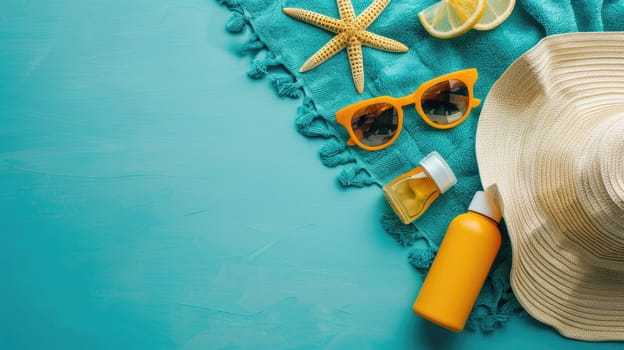 A plastic bottle of sunscreen, stylish sunglasses, a soft towel, and colorful seashells placed on an electric blue surface resembling a swimming pool AIG50