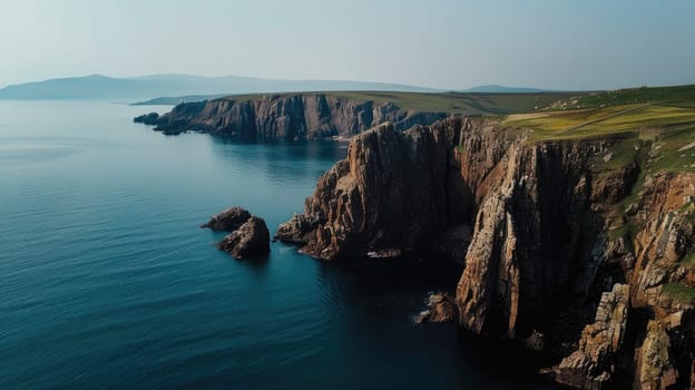 A stunning aerial view of a cliff by the ocean, where the fluid water meets the natural landscape, creating a picturesque and tranquil scene under the open sky AIG50