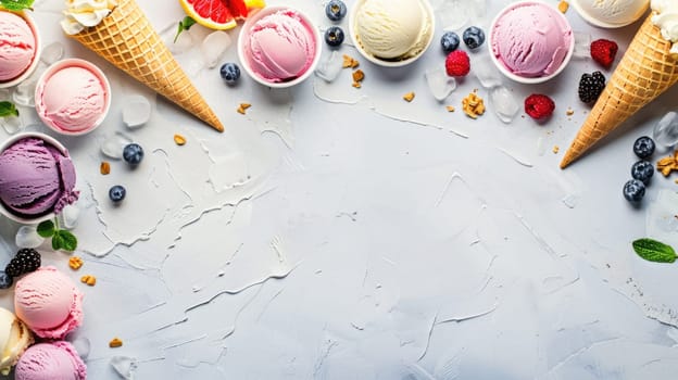 Various types of ice cream and berries displayed on an electric blue background, creating an artistic and refreshing scene reminiscent of summer fun AIG50