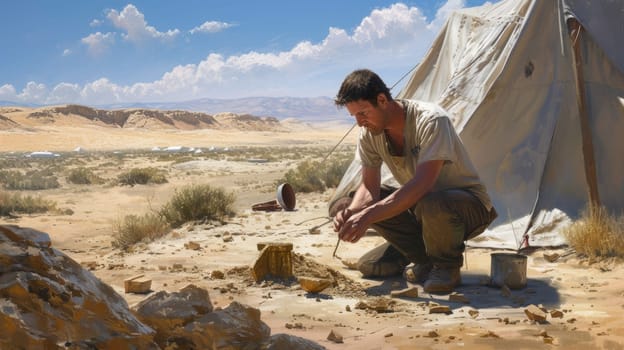 Professional archeology inspecting stone and digging site while working at desert by using equipment. Skilled explorer or adventurer checking and looking at antiques and sitting near camp. AIG42.