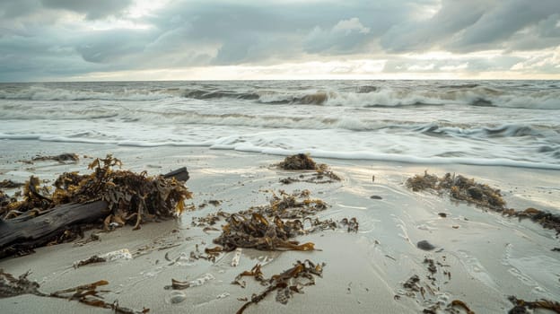 A natural landscape with a beach covered in driftwood, under a cloudy sky with cumulus clouds. The horizon is visible over the water, with trees scattered along the shore AIG50