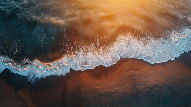 A breathtaking aerial view of a wave crashing against a mountain at sunset, showcasing the unique combination of water, heat, and geological phenomenon in the natural landscape AIG50