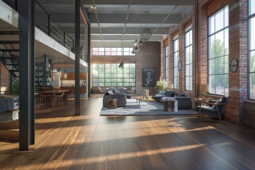 An open-concept living space with hardwood floors, brick walls, and large windows. AIG51A.
