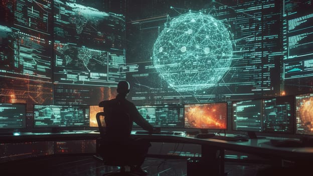 Professional programer looking computer desktop with coding program. Skilled smart software developer working to program system and writing engineering code prompt by connecting with big data. AIG42.