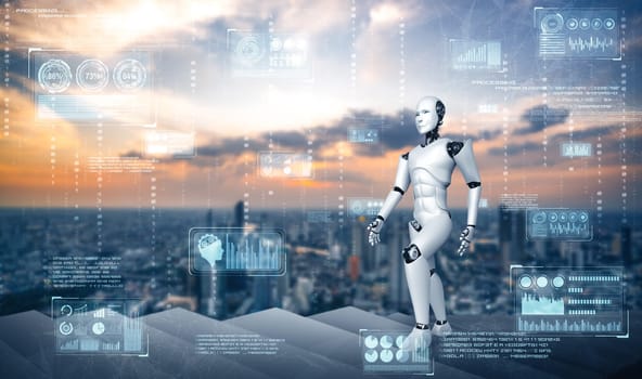 MLP 3d illustration robot humanoid walk up stair to success and goals achievement. Concept of AI thinking brain and machine learning process for the 4th fourth industrial revolution.