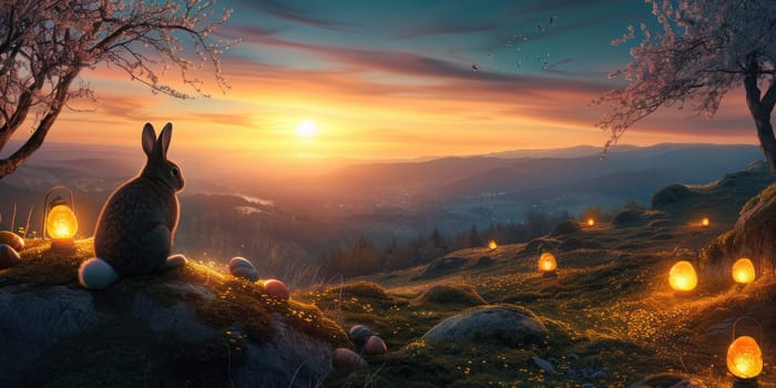 Big brown rabbit sitting under the tree at hill while looking at twilight sky with fantasy glowing lamp. Happy cute bunny watching sunset with orange sky and glowing light. Easter day. Hare. AIG42.