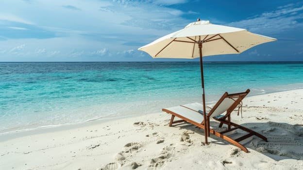 A chair and an umbrella provide shade on the sandy beach, with the azure sky reflecting in the crystal clear water of the oceanic coastal landforms AIG50