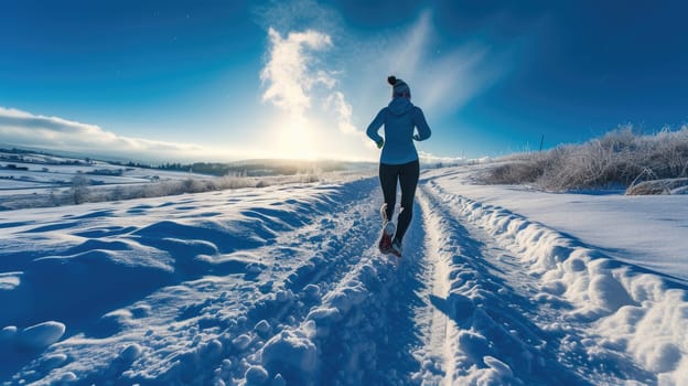 An athlete braves the winter chill, running through a snow-covered trail with a serene, frosty landscape in the background. AIG41