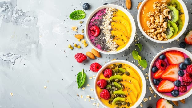 Four bowls of oatmeal topped with fruit and nuts displayed on a table, showcasing a delicious and nutritious dish made with natural foods AIG50