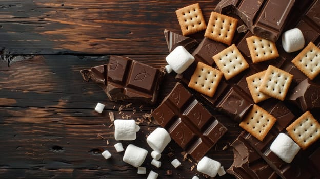A wooden table featuring a tempting display of food ingredients like chocolate, marshmallows, and crackers, perfect for making delicious indoor smores AIG50