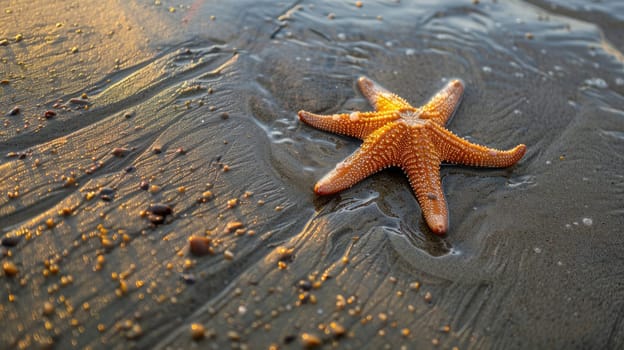 A starfish is resting on the sandy shore near the water, surrounded by terrestrial plants and animals. The natural landscape is peaceful, with the gesture of the starfish adding to the serene event AIG50