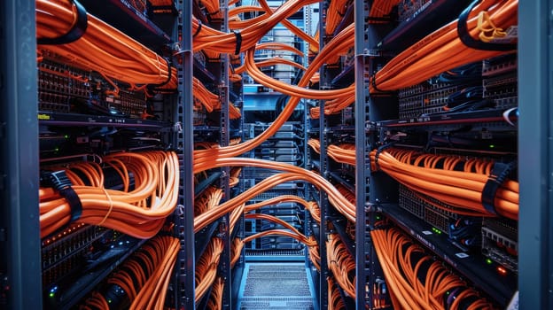 A room full of orange cables and black servers AIG51A.