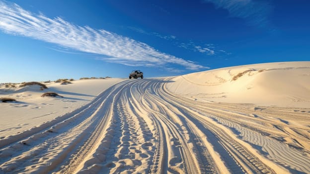 A natural landscape in the desert with tire tracks on a dirt road winding through the sand, framed by a clear blue sky and sparse plants AIG50