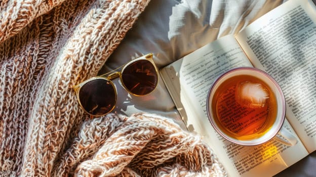A houseplant in a flowerpot sits on a blanket, surrounded by a book, glasses, and leaves. The scene creates a cozy atmosphere perfect for reading and relaxation AIG50
