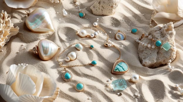 In this artistic landscape, a necklace lies on a circle of sand, adorned with seashells and pearls. The wind creates aeolian landforms, adding a fun touch to the scene AIG50