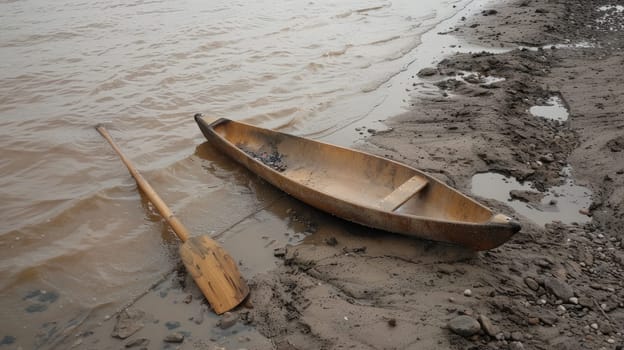 A wooden paddle rests on the sandy beach by the waters edge, surrounded by natural materials like rocks. Perhaps left behind by a kayaker exploring the lake AIG50