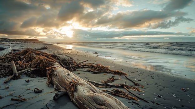 A natural landscape with a beach covered in driftwood, under a cloudy sky with cumulus clouds. The horizon is visible over the water, with trees scattered along the shore AIG50