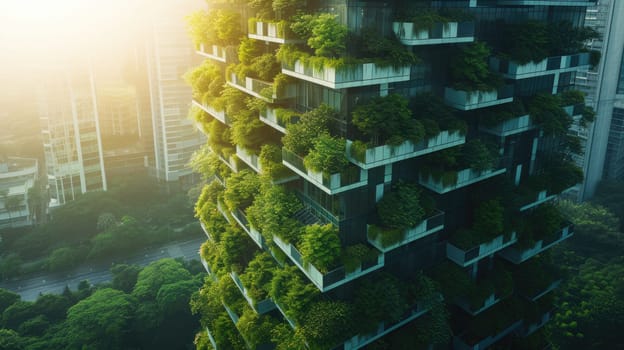 The building's facade is adorned with plants and trees, creating a lush landscape visible from above. AIG41