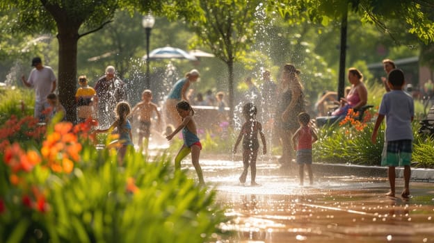 Kids frolic in a park fountain, reveling in the joy of water amidst the natural landscape filled with trees, grass, and terrestrial plants. A delightful leisurely event! AIG41