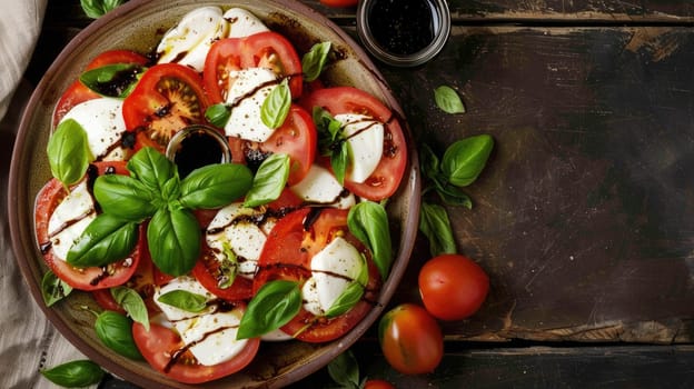 A fresh salad made with tomatoes, mozzarella, basil, and balsamic vinegar, served in a bowl on a wooden table AIG50