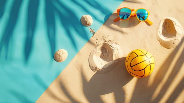 A beach ball and sunglasses are lying on the sandy shore, creating a colorful contrast against the landscape. Its a pictureperfect scene for leisure and recreation AIG50