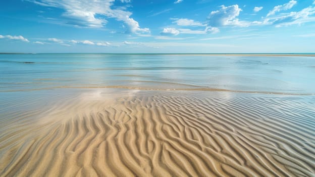 A close up of a sandy beach with waves crashing onto the shore, showcasing the beauty of natures water and wind waves in a natural landscape AIG50