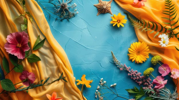 A variety of fabrics and flowers, including electric blue petals and roses, are arranged on a table alongside fictional characters and fractal art AIG50
