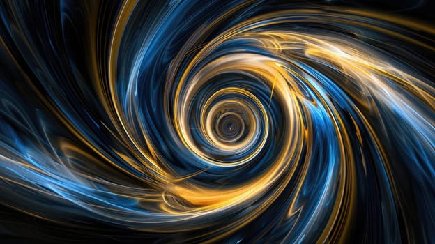 a blue and yellow swirl in the middle of the screen, in the style of dark gold and dark blue, flickr, dark chiaroscuro lighting, rollerwave, light black and bronze, rim light, light navy and bronze AIG51A.