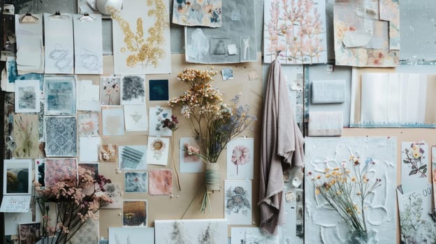 A fusion of pictures and fabrics on a wall creates a stunning collage of art. Electric blue petals, flowers, and paper products add a unique touch to the facade AIG50