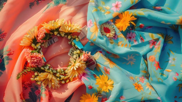 A vibrant display of colorful textiles and flowers in shades of orange, pink, and magenta on a sunny yellow background. This artful arrangement exudes a happy and joyful vibe, perfect for any event AIG50