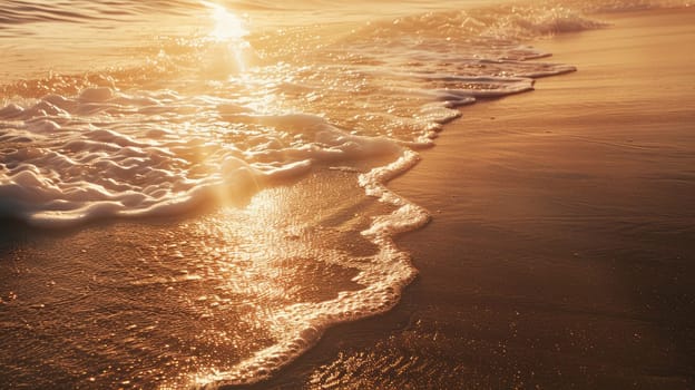A breathtaking scene of water waves crashing on a beach at sunset, with the warm light illuminating the natural landscape and creating a beautiful horizon AIG50